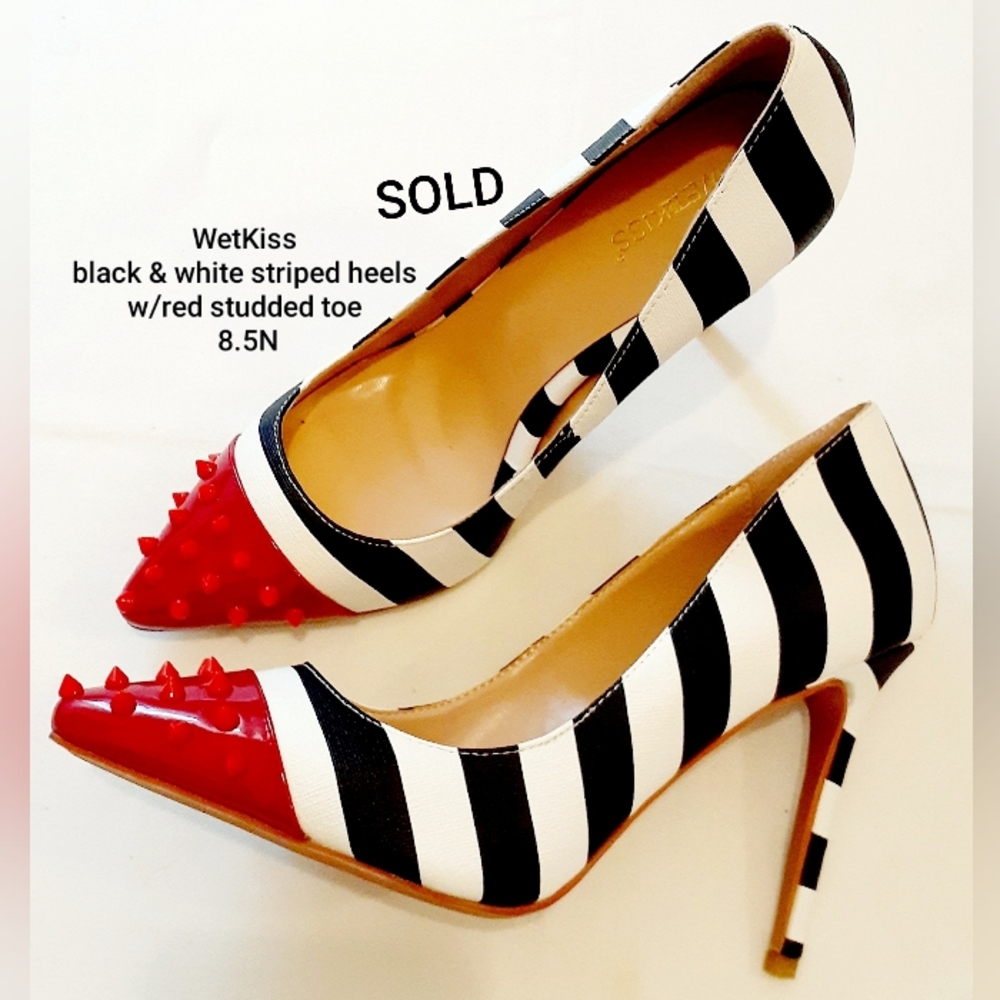 (Sold) WetKiss Black & White Striped Stiletto Pumps w/Red Spiked Toe 8.5N